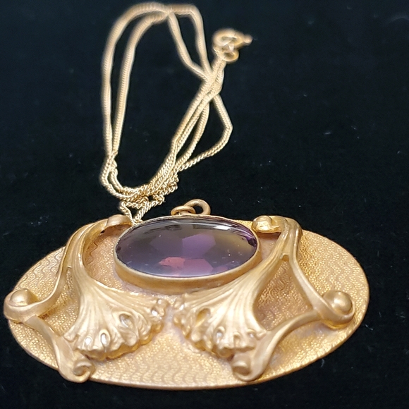 Art Nouveau Plated Cabochon Glass Necklace Antique Converted Brooch 18in - Picture 5 of 13